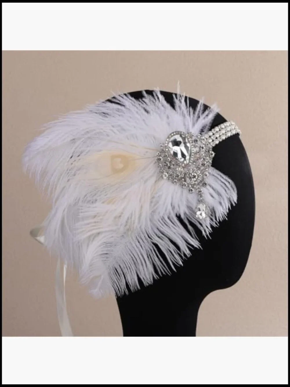 1920s Flapper White Feather Headband with Crystal Pendant Rhinestone Hair - Picture 2 of 7